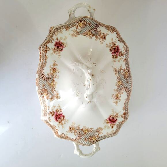 Antique T&R Boote Covered Vegetable Dish Rosebud Semi Porcelain Cottagecore - Picture 3 of 16